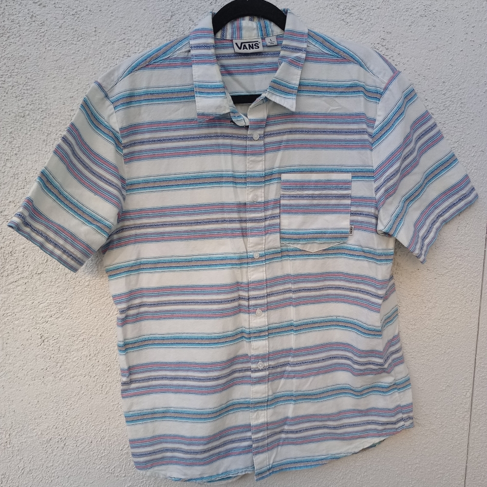 Vans off the Wall Classic Button Down Shirt Casual Stripes Blue White Large
